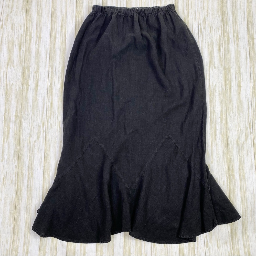 Mosaic Black 100% Linen Ruffle Midi Skirt